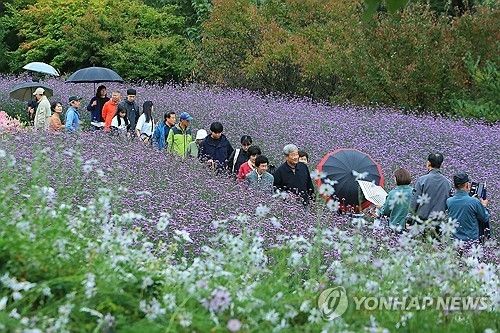 꽃 밭 걷는 시민들