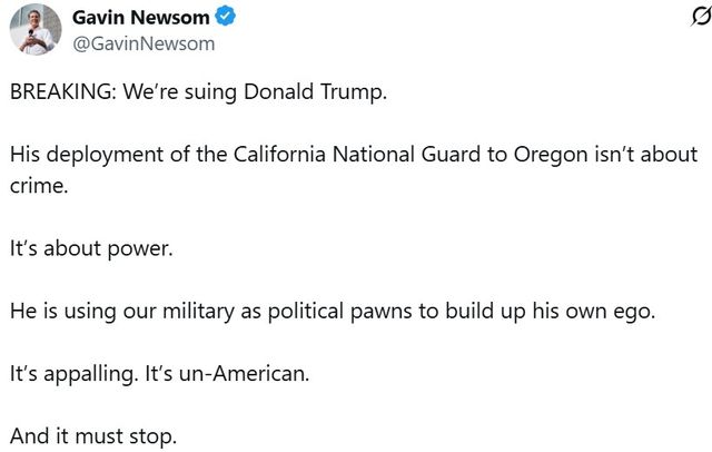개빈 뉴섬 캘리포니아 주지사가 5일 엑스에 올린 글