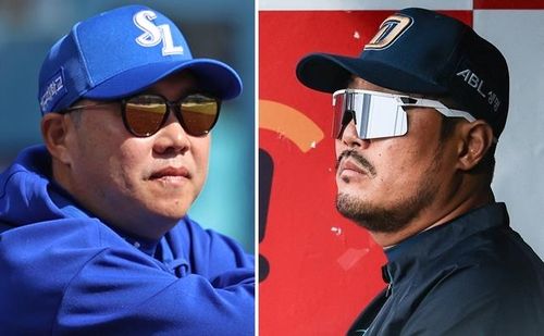 삼성 박진만 감독(왼쪽)과 NC 다이노스 이호준 감독