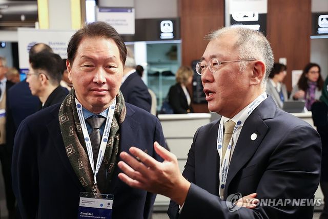 BIE 총회서 대화하는 최태원-정의선