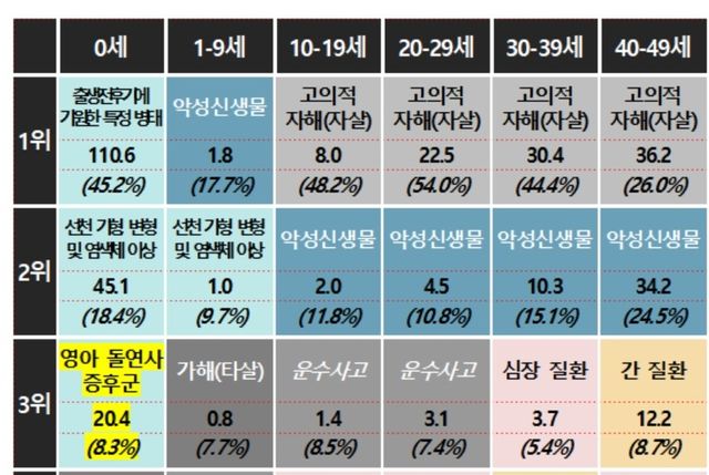 2024년 연령별 5대 사망원인 사망률 및 구성비