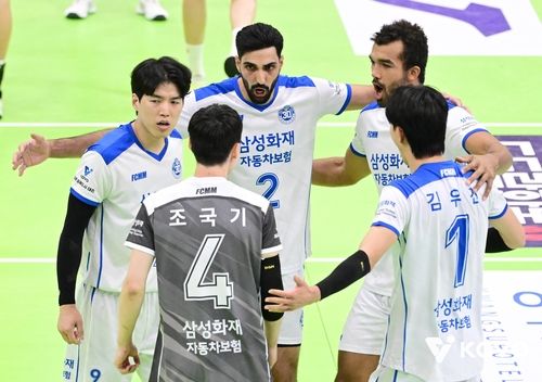 득점 후 기뻐하는 삼성화재 선수들