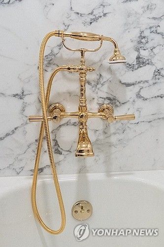 황금빛 재질의 샤워기와 수도꼭지