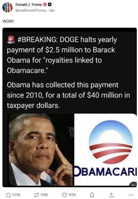 트럼프, '오바마, 오바마케어 로열티 거액 받아' 허위 주장 공유