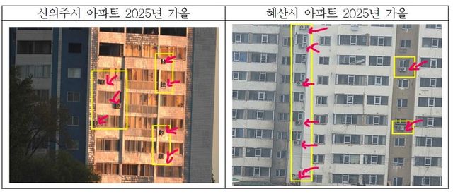 에어컨 실외기가 여러 대 보이는 북한 접경지역 아파트 외벽