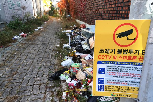 쓰레기 불법투기 신고 안내판 아래 쓰레기