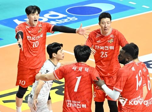 득점 후 기뻐하는 한국전력 선수들