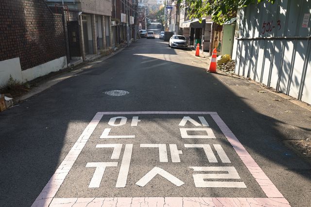 '빈집 골목에 그려진 안심 귀갓길 문구'