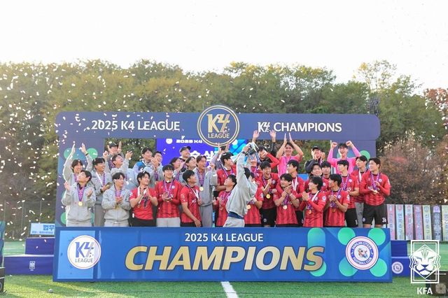 당진시민축구단이 2025 K4리그 우승을 확정한 뒤 시상식에서 환호하고 있다.