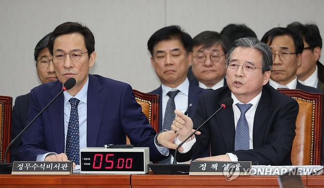 언쟁 이어가는 김용범 정책실장 말리는 우상호 정무수석