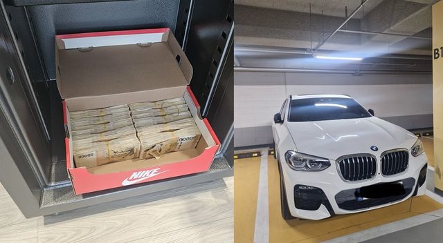 보이스피싱 합수단이 추징 보전한 현금 1억원(왼쪽)과 BMW 차량(오른쪽)