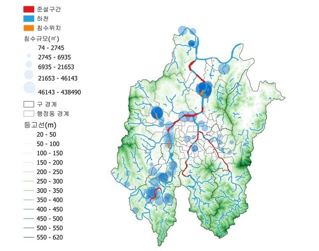 대전환경운동연합이 데이터 분석한 대전지역 준설과 침수지도