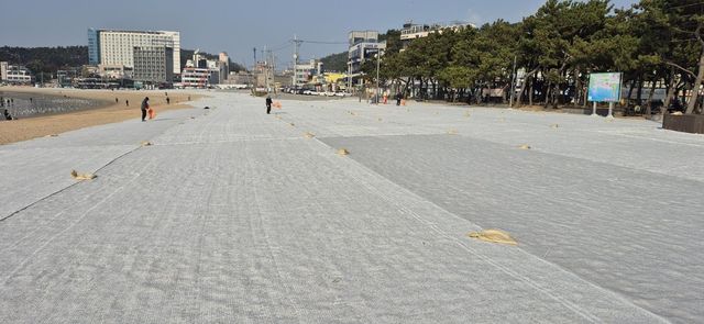 을왕리해수욕장에 설치된 모래 날림 방지막