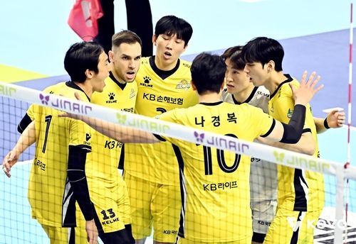 득점 후 기뻐하는 KB손해보험 선수들