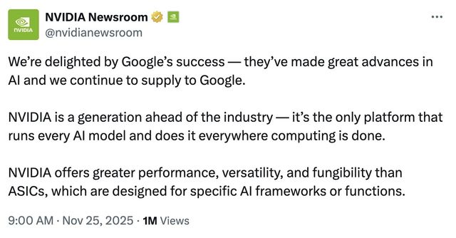 엔비디아가 엑스(X) 공식 계정을 통해 구글을 견제하며 자사 제품이 업계보다 한 세대 앞서 있다고 강조했다. [엔비디아 X 캡처. 재판매 및 DB 금지]