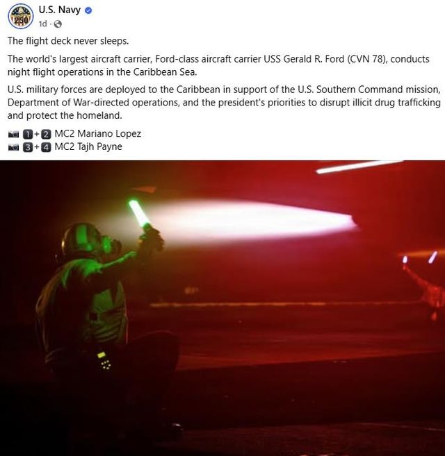 미 해군의 항공모함 야간 비행훈련 SNS 게시글