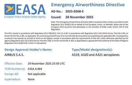 유럽연합항공안전청(EASA)의 A320 안전 개선 긴급 공문