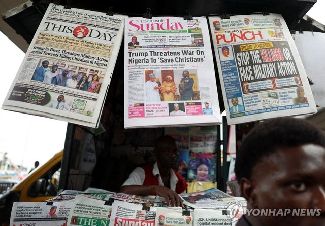 도널드 트럼프 미국 대통령의 '기독교 박해 방지' 군사작전 경고에 비상이 걸린 나이지리아 [로이터 연합뉴스. 재판매 및 DB 금지]