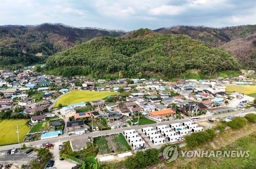 안동 금소마을 전경. 위쪽에 산불의 흔적이 보이고, 아래쪽에 이재민을 위한 조립식 주택이 보인다. [사진/임헌정 기자]
