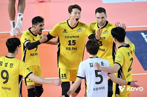 득점 후 기뻐하는 KB손해보험 선수들