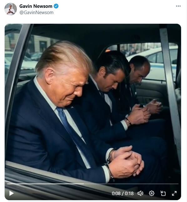 개빈 뉴섬 주지사가 올린 수갑 찬 트럼프 대통령 AI 영상