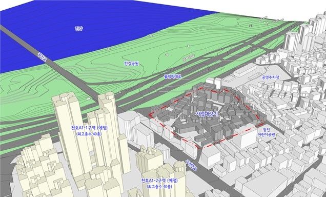 강동구 천호동 338번지 일대 모아타운 사업 지역 조감도