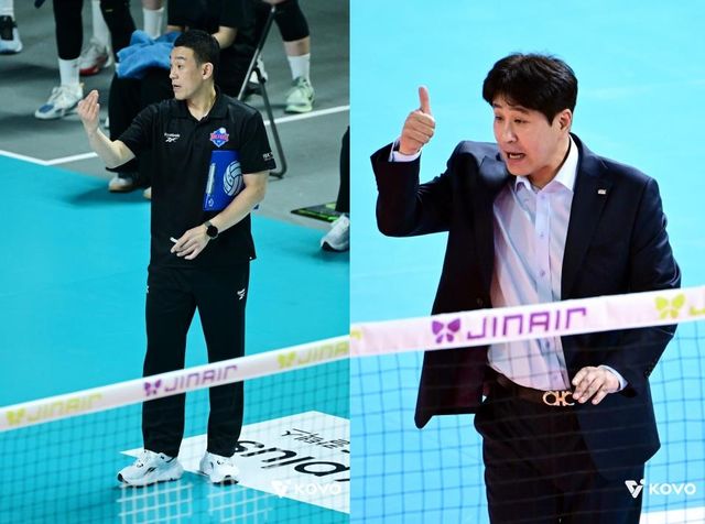 여오현 IBK기업은행 감독대행(왼쪽)과 김종민 한국도로공사 감독 