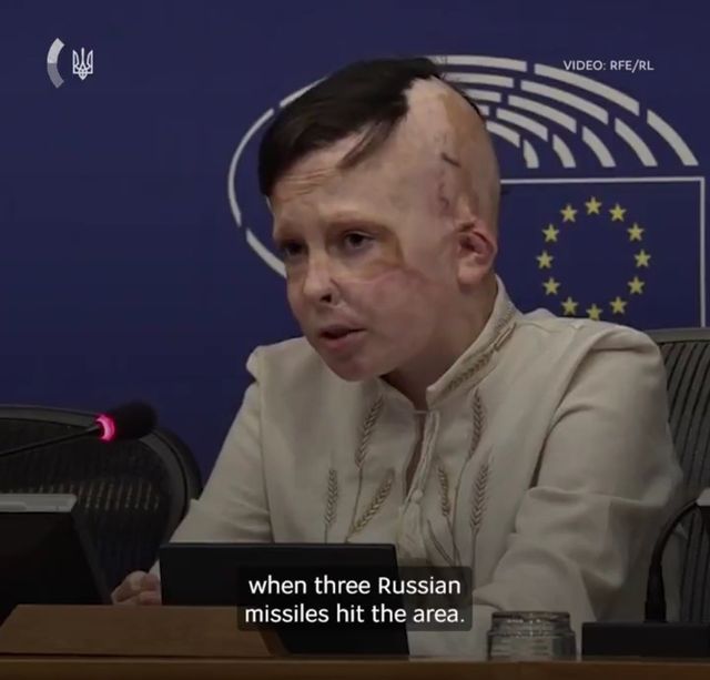 유럽의회서 증언하는 러 공습 생존 우크라이나 어린이