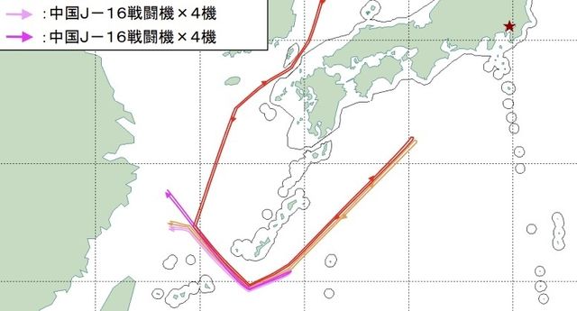 중국과 러시아 폭격기 이동 경로. 붉은색 별이 도쿄 위치.
