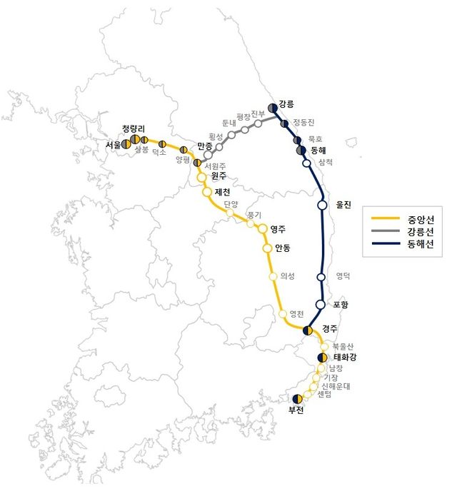 KTX-이음 중앙선·강릉선·동해선 노선도