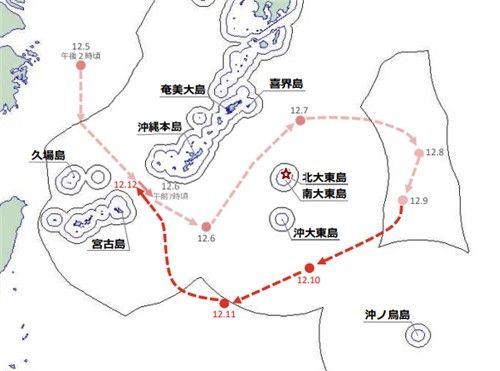 중국 항모 랴오닝함 항해 경로. 붉은색 별인 기타다이토지마