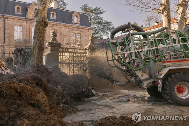 가축 살처분에 항의해 지방정부 앞에 분뇨 뿌리는 프랑스 농민들