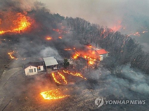 경북 의성군 대형 산불 발생 사흘째인 지난 3월 24일 의성군 옥산면 전흥리에서 강풍을 타고 번진 산불이 민가를 덮치고 있다. [연합뉴스 자료사진] 
