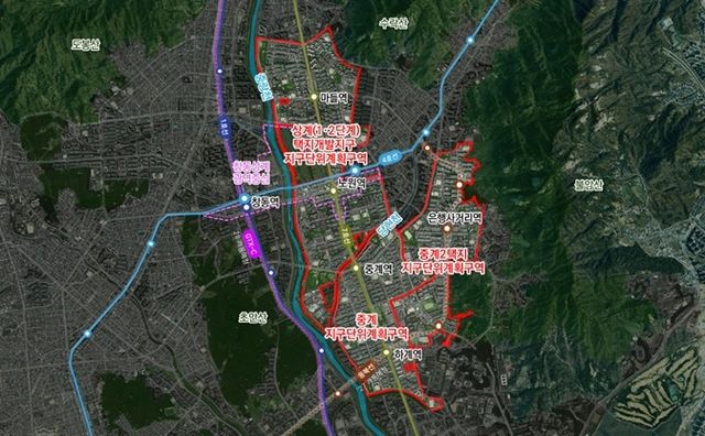 노원구 상계(1·2단계), 중계, 중계2 택지개발지구 위치도