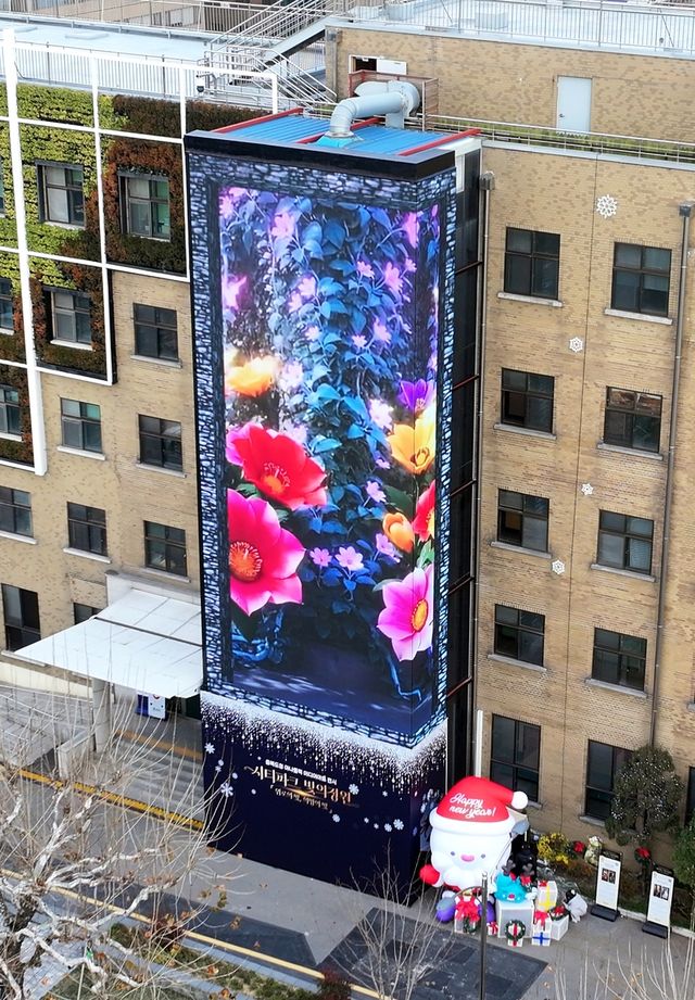 충북도청 서관 외벽에 설치된 아나몰픽 영상