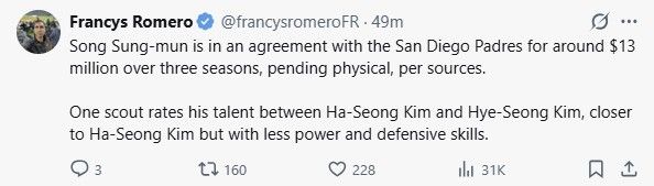 송성문과 샌디에이고 구단의 입단 합의 소식을 전한 로메로 기자