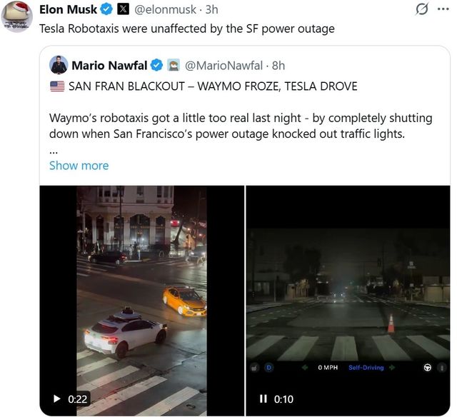 일론 머스크가 올린 정전 사태 와중 로보택시 비교 영상 