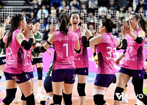 득점 후 기뻐하는 흥국생명 선수들