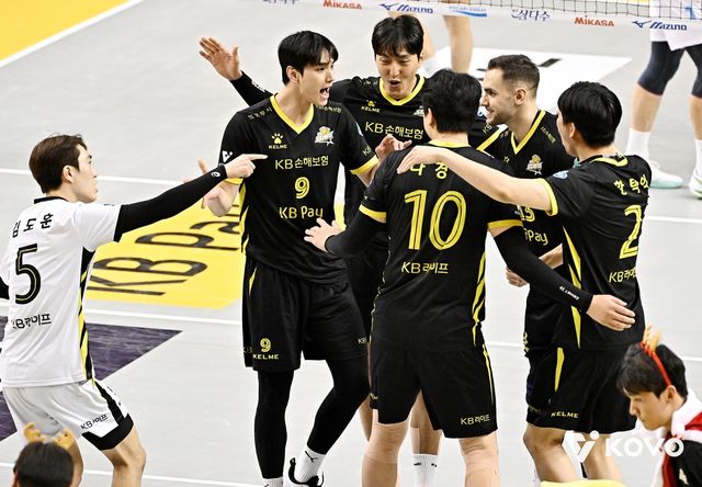 득점 후 기뻐하는 KB손해보험의 임성진(왼쪽에서 2번째)