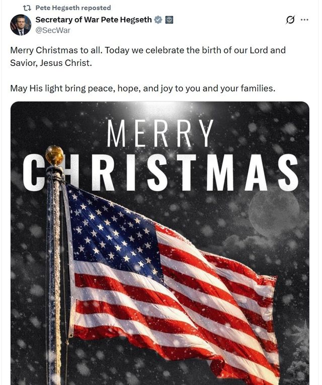 미 국방부(전쟁부) 장관 계정의 성탄 메시지