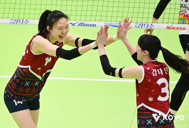 득점 후 하이파이브 하는 양효진(왼쪽)과 김다인