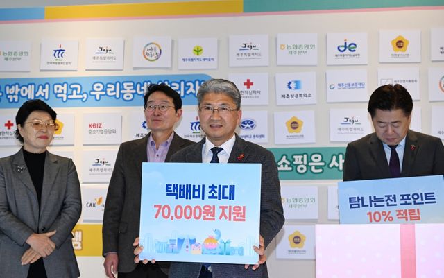 1월 23일 소비진작 지역경제 활력 기원 퍼포먼스 참여한 이상봉 제주도의회 의장