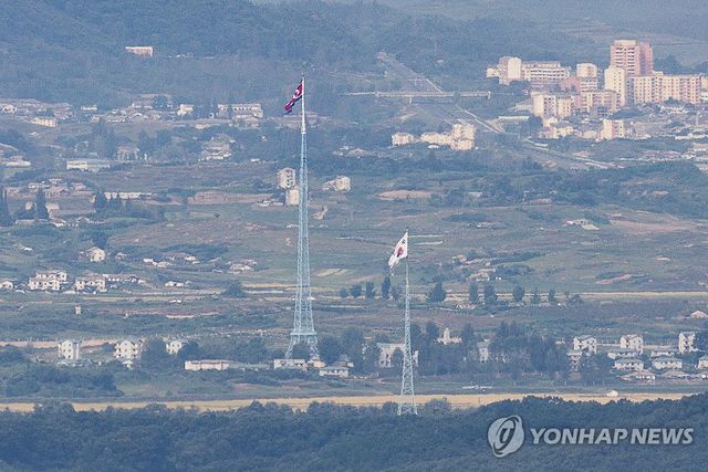 펄럭이는 태극기와 인공기