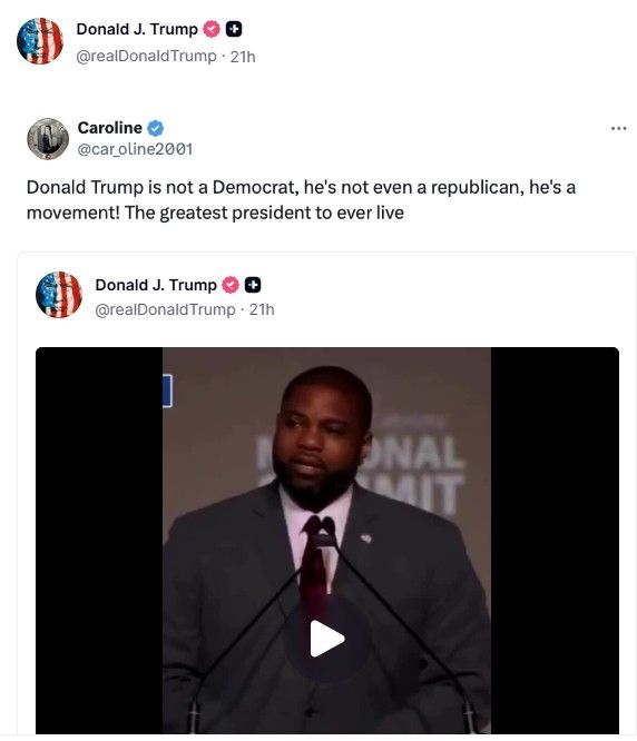 "역대 최고의 대통령"이라는 찬사가 붙은 트루스소셜 게시물 