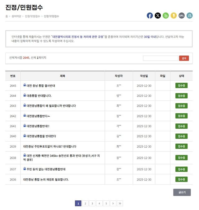 대전·충남 통합 반대 민원 쇄도하는 대전시의회 게시판