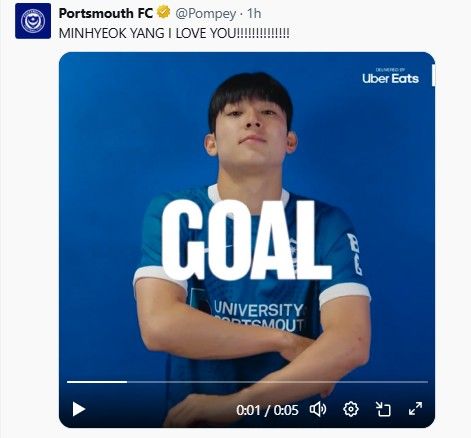 양민혁의 득점 소식을 전한 포츠머스.