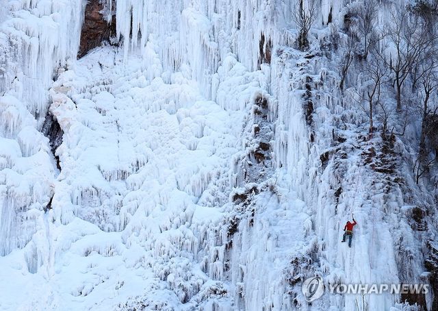 한파에 꽁꽁 얼어붙은 인제 매바위폭포