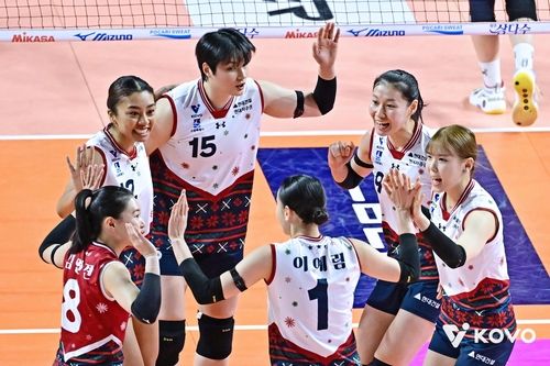 득점 후 기뻐하는 현대건설 선수들