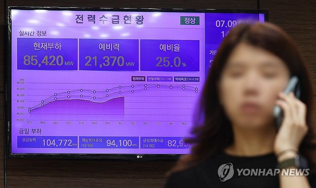서울 중구 한국전력공사 서울본부 건물 전광판에 전력 수요 현황이 표시되고 있다. [연합뉴스 자료사진]