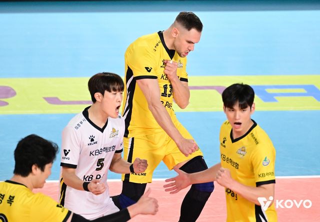 득점 후 환호하는 KB손해보험 선수들